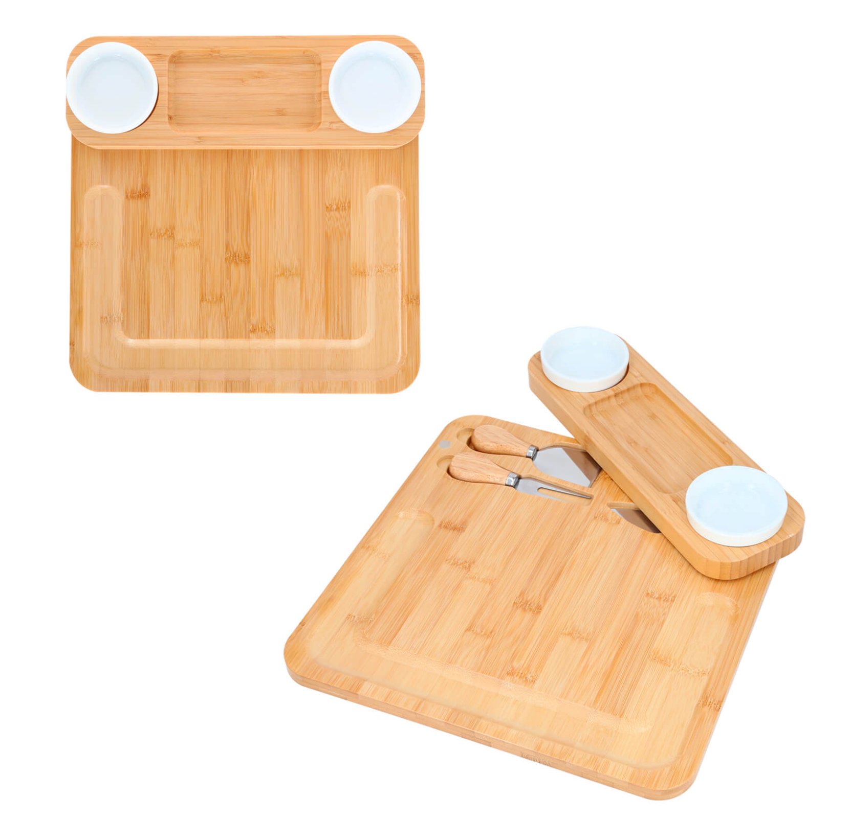 La tabla de quesos Brie esta fabricada en bambú de alta calidad, esta tabla ofrece un diseño separable que incluye 2 mini platos de cerámica perfectos para servir acompañamientos y salsas.